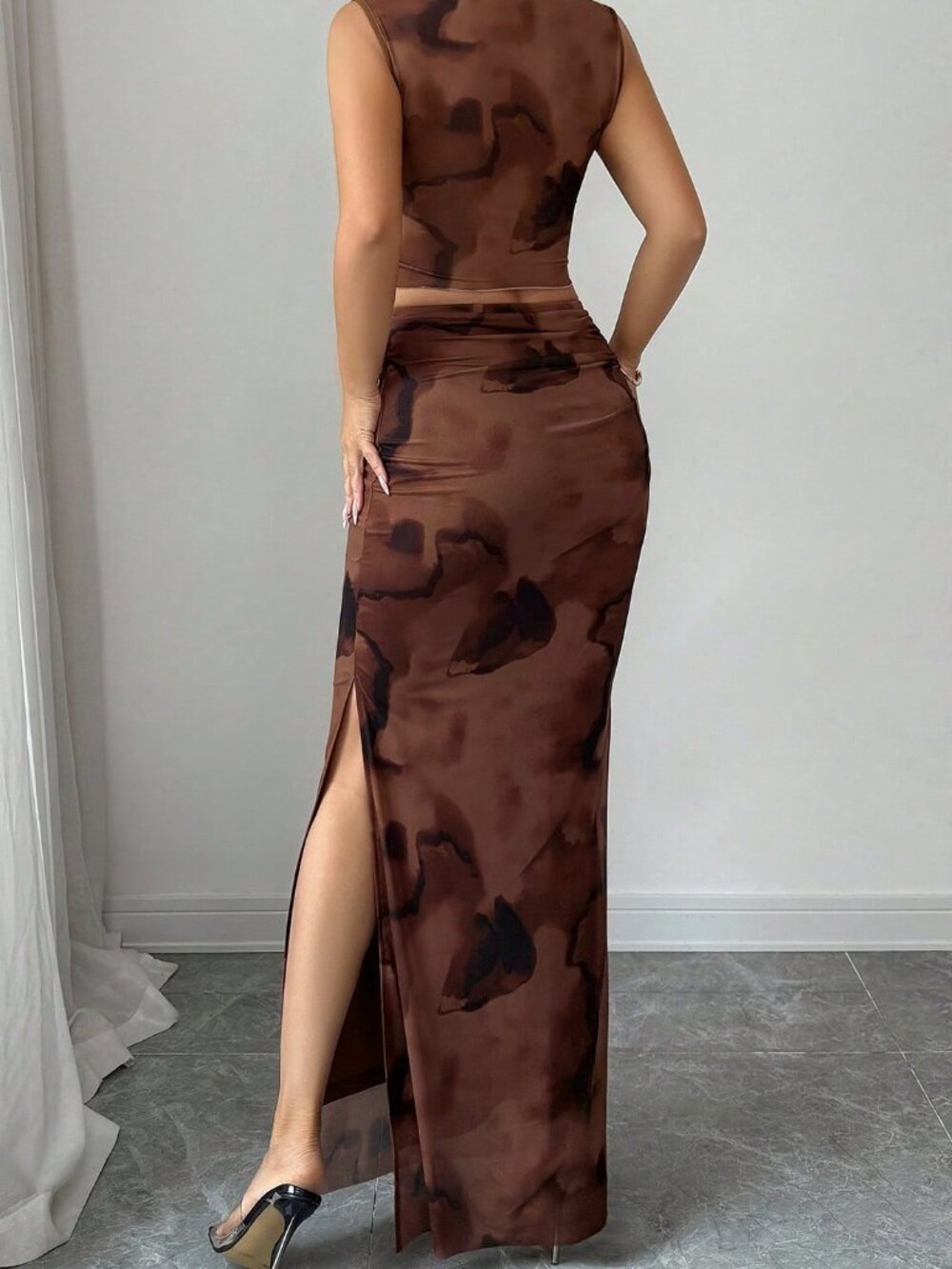 Coffee Brown Casual Women's Checkered Mesh Sleeveless Vest Top & Slit Skirt Set - Picture 2 of 6